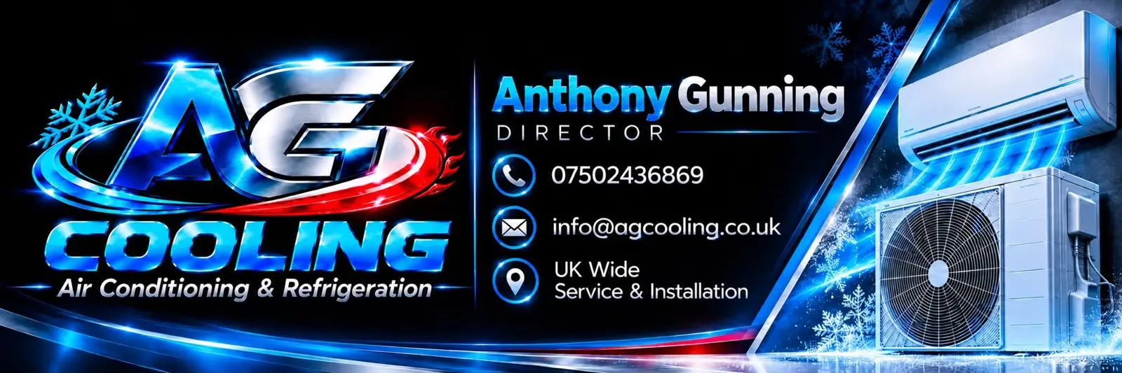AG Cooling. Air conditioning and refrigeration. Anthony Gunning, Director. 07502436869, info@agcooling.co.uk. UK wide service and installation.